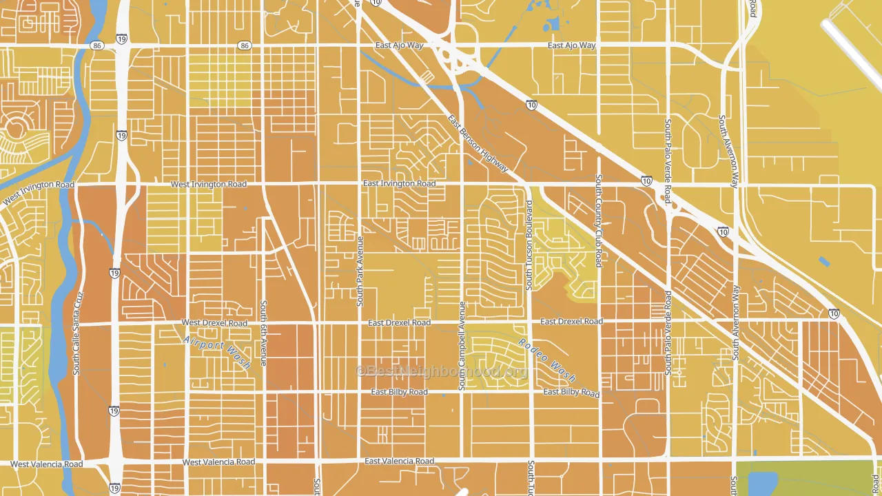 Map of the best neighborhoods in the Cherry Avenue, Tucson area, with better matches in green and worse matches in red