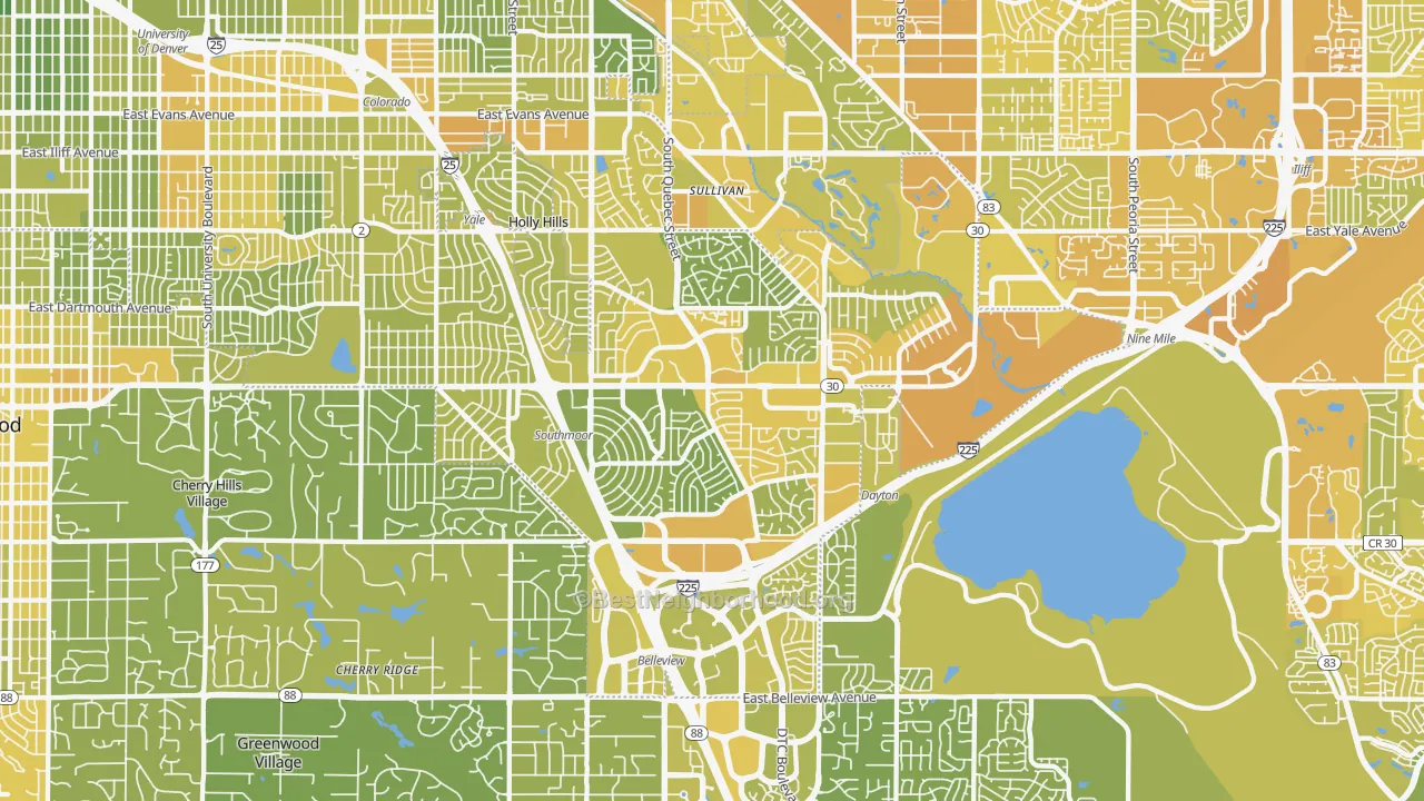 Map of the best neighborhoods in the Cherry Creek, Denver area, with better matches in green and worse matches in red