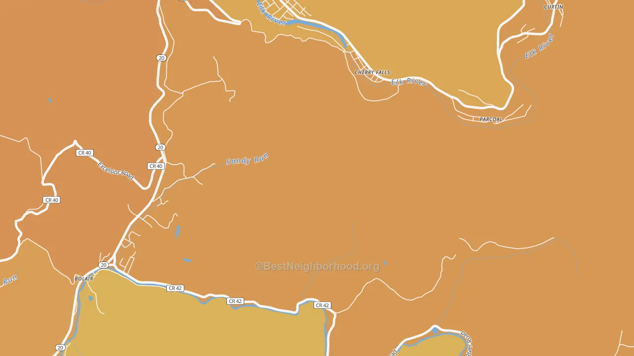 Map of the best neighborhoods in the Cherry Falls area, with better matches in green and worse matches in red