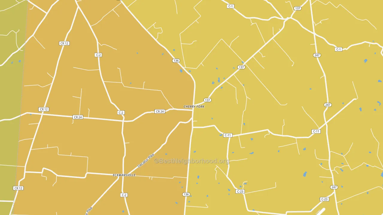 Map of the best neighborhoods in the Cherry Fork area, with better matches in green and worse matches in red