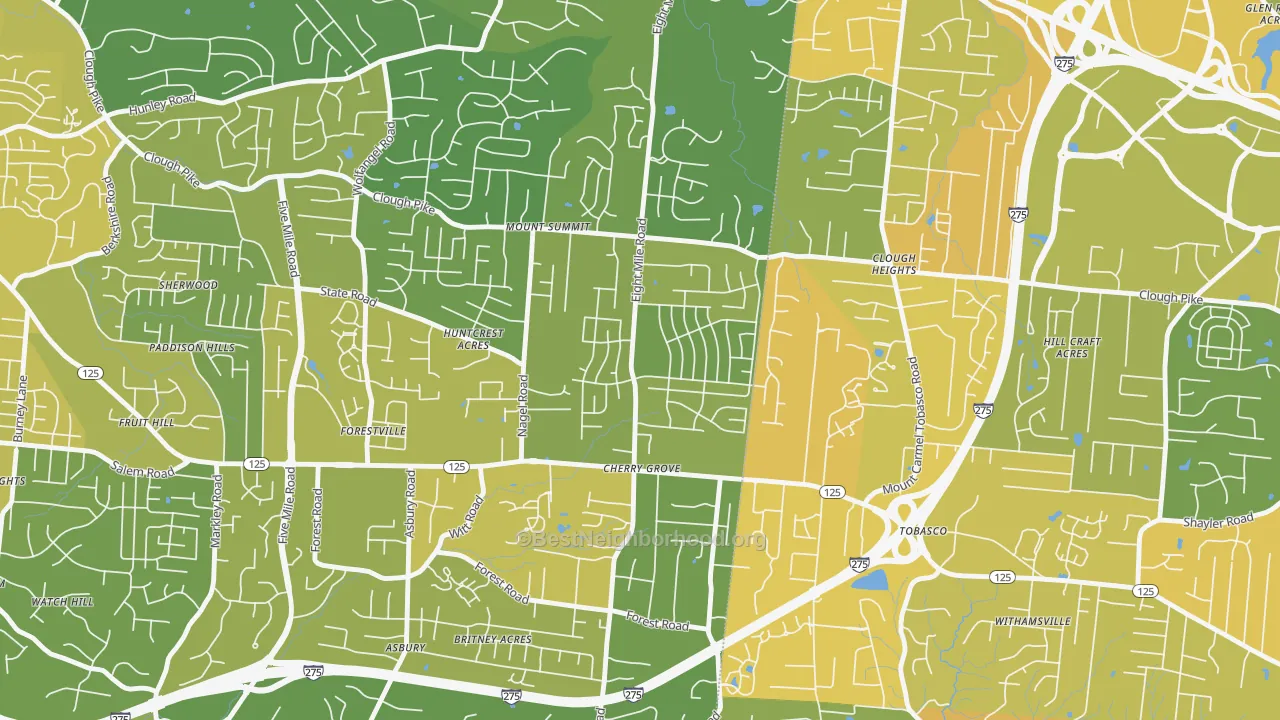 Map of the best neighborhoods in the Cherry Grove, Cincinnati area, with better matches in green and worse matches in red