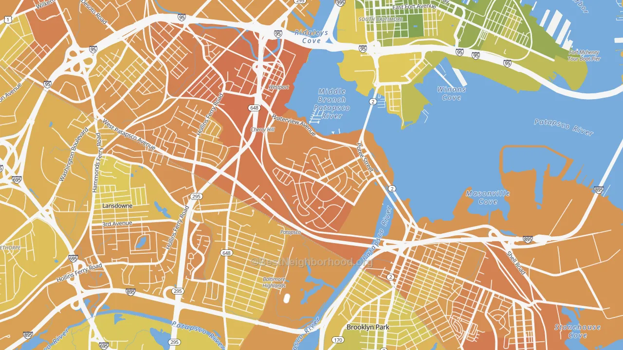Map of the best neighborhoods in the Cherry Hill, Brooklyn area, with better matches in green and worse matches in red