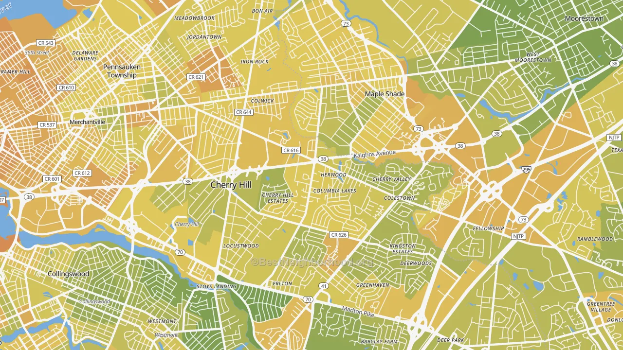 Map of the best neighborhoods in the Cherry Hill Mall area, with better matches in green and worse matches in red