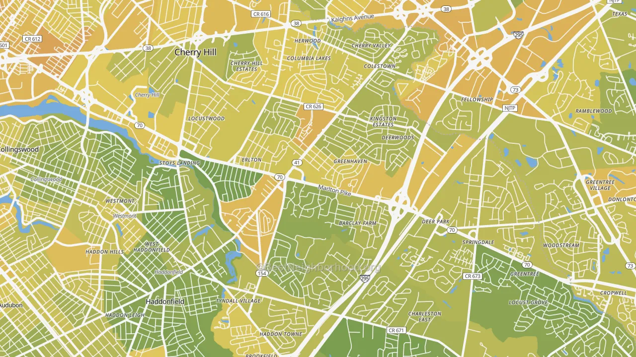 Map of the best neighborhoods in the Cherry Hill area, with better matches in green and worse matches in red