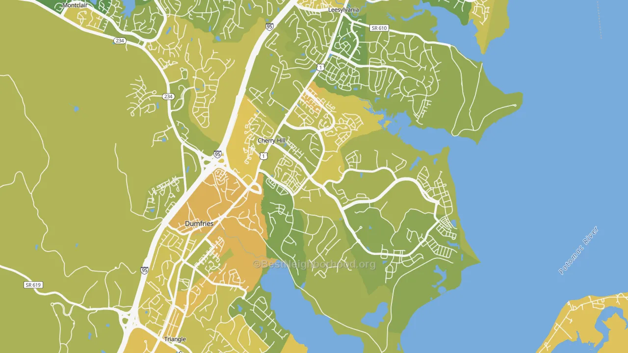 Map of the best neighborhoods in the Cherry Hill area, with better matches in green and worse matches in red