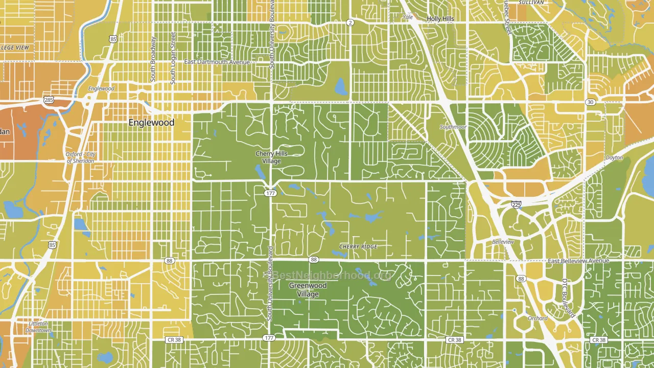 Map of the best neighborhoods in the Cherry Hills Village area, with better matches in green and worse matches in red