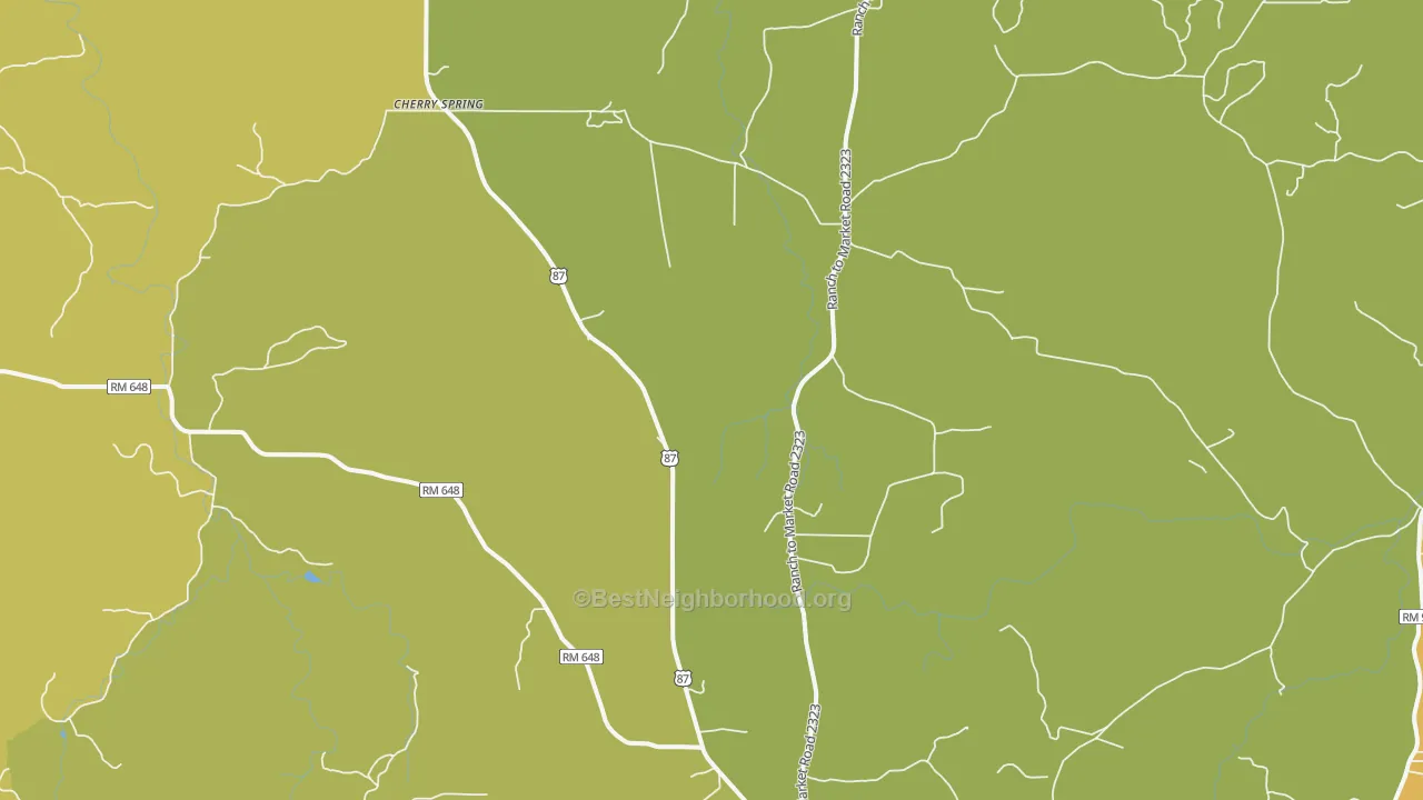 Map of the best neighborhoods in the Cherry Spring area, with better matches in green and worse matches in red