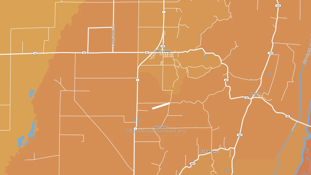 Map of the best neighborhoods in the Cherry Valley area, with better matches in green and worse matches in red