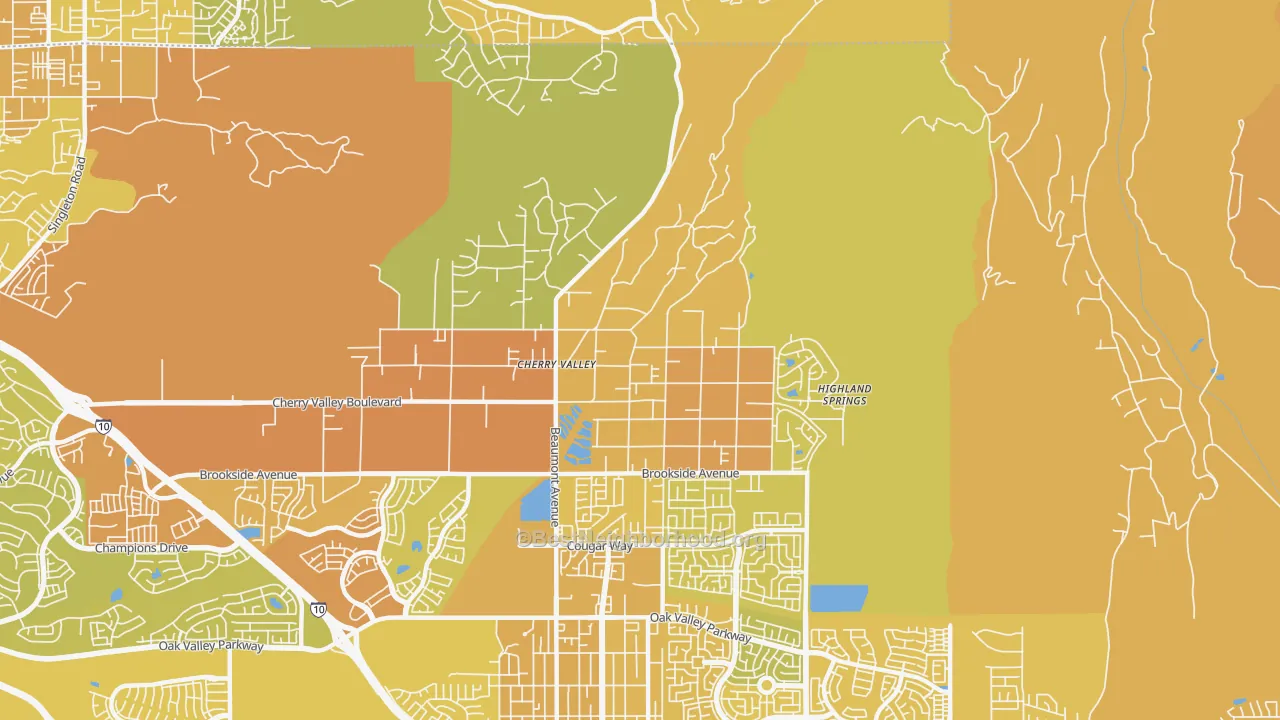 Map of the best neighborhoods in the Cherry Valley area, with better matches in green and worse matches in red