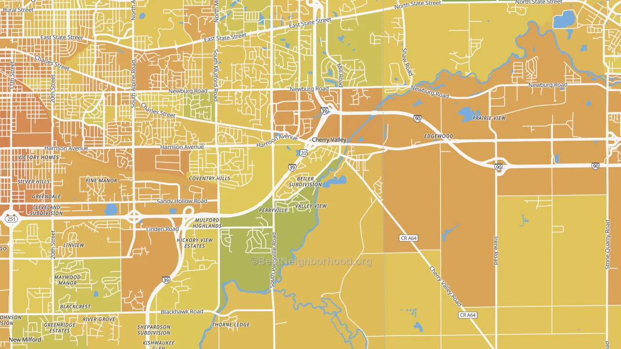 Map of the best neighborhoods in the Cherry Valley area, with better matches in green and worse matches in red