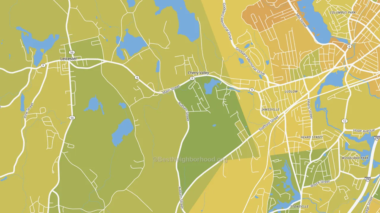 Map of the best neighborhoods in the Cherry Valley area, with better matches in green and worse matches in red