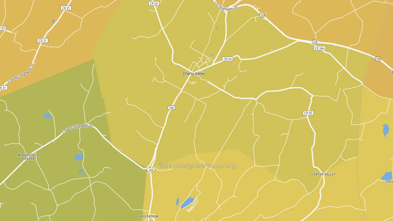 Map of the best neighborhoods in the Cherry Valley area, with better matches in green and worse matches in red