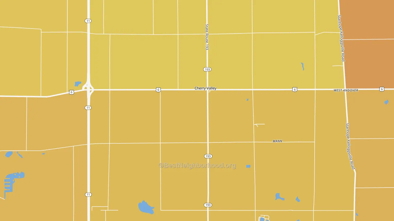 Map of the best neighborhoods in the Cherry Valley area, with better matches in green and worse matches in red