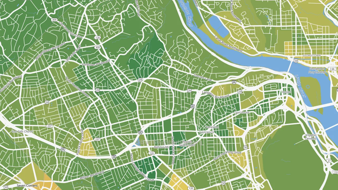 Map of the best neighborhoods in the Cherrydale, Arlington area, with better matches in green and worse matches in red
