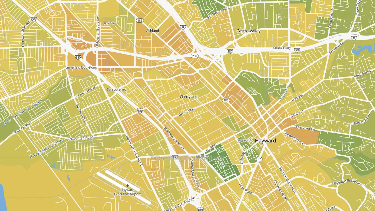 Map of the best neighborhoods in the Cherryland area, with better matches in green and worse matches in red