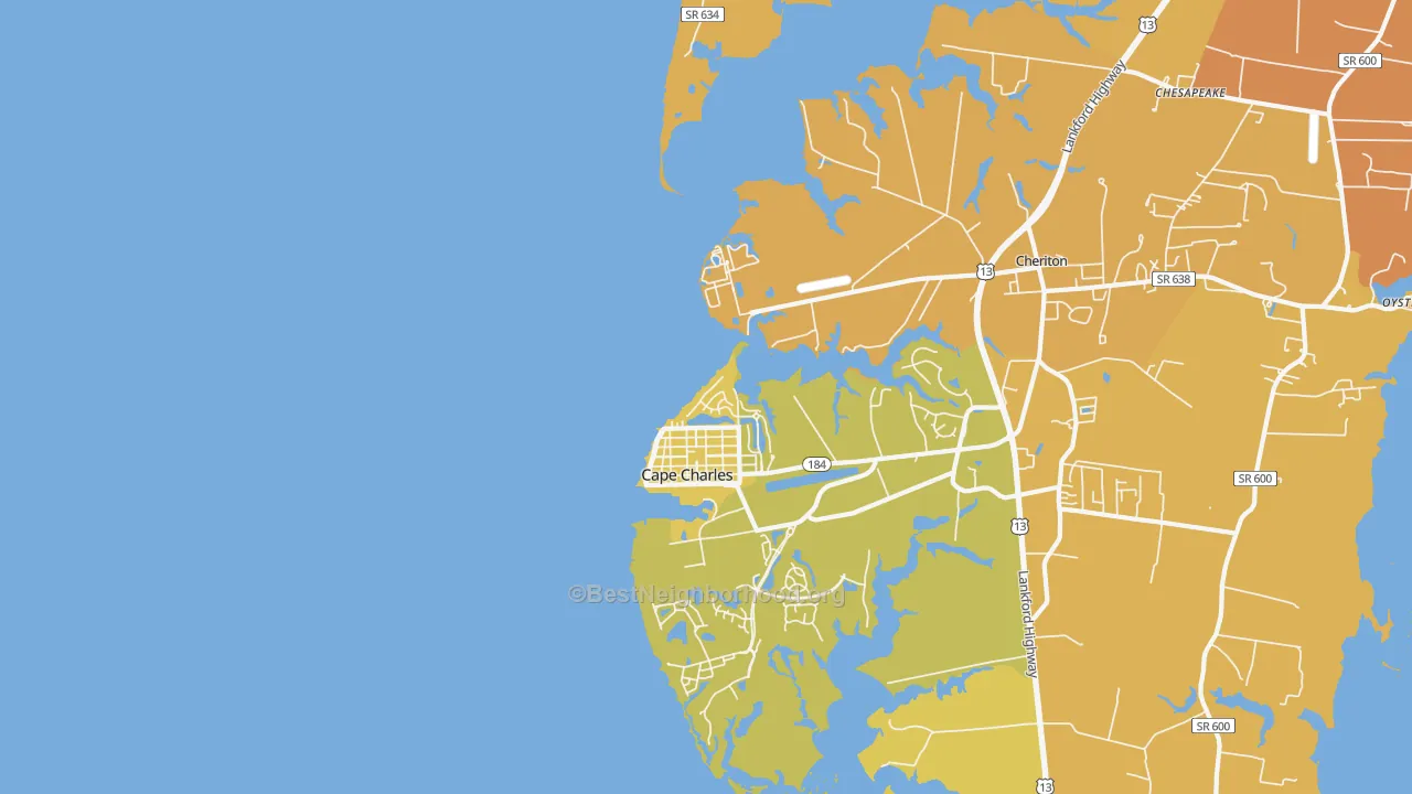 Map of the best neighborhoods in the Cherrystone area, with better matches in green and worse matches in red