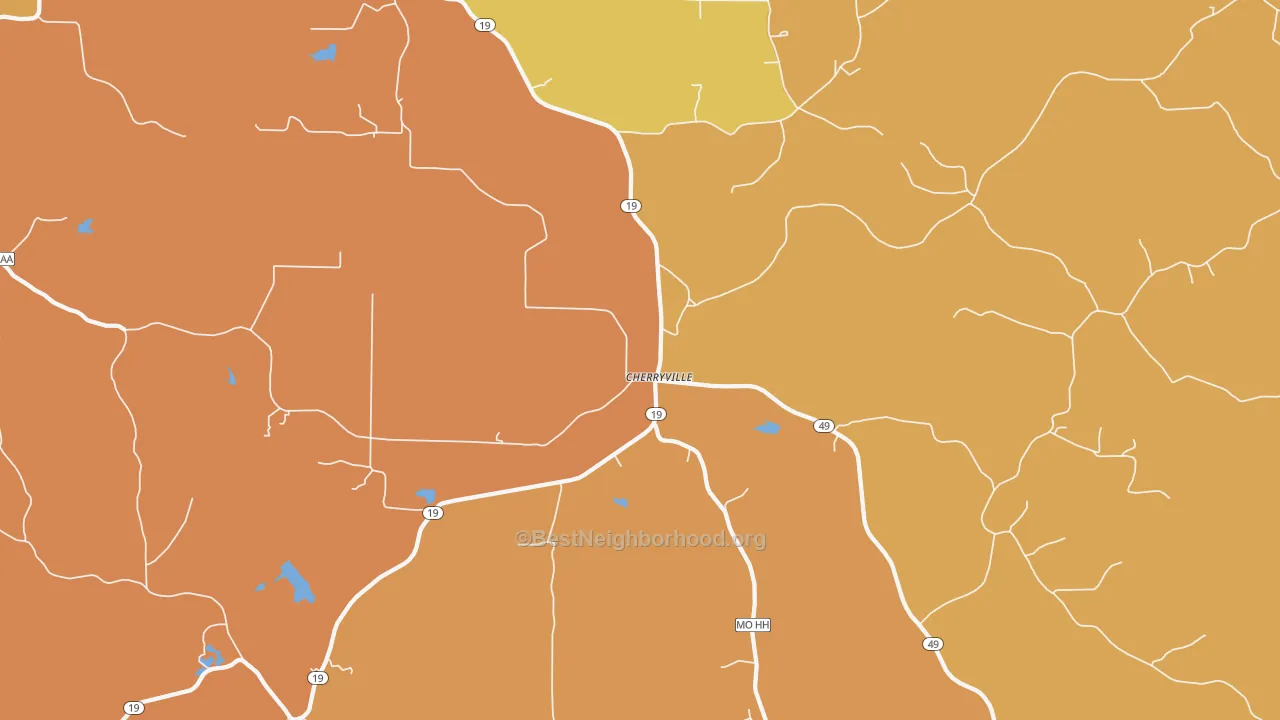 Map of the best neighborhoods in the Cherryville area, with better matches in green and worse matches in red