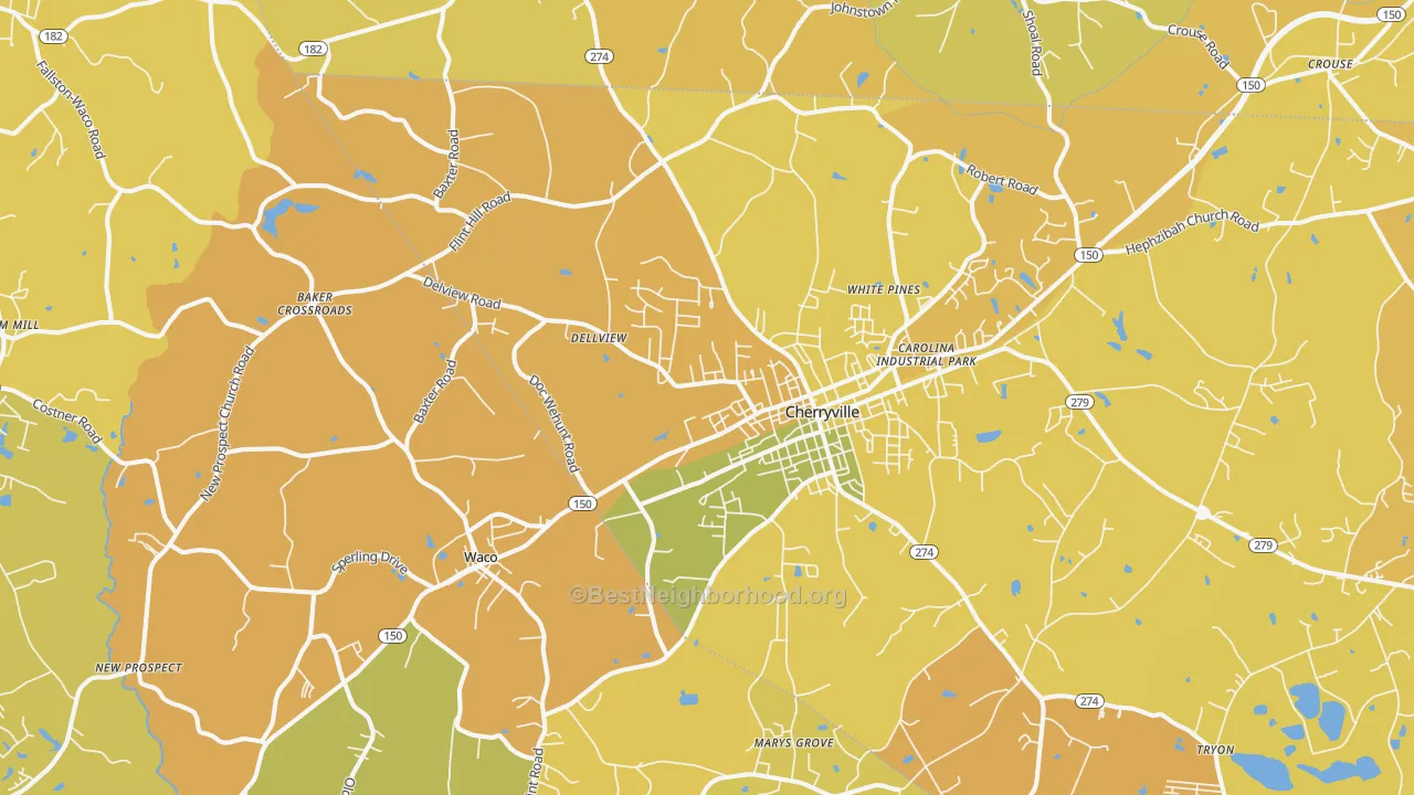 Map of the best neighborhoods in the Cherryville area, with better matches in green and worse matches in red