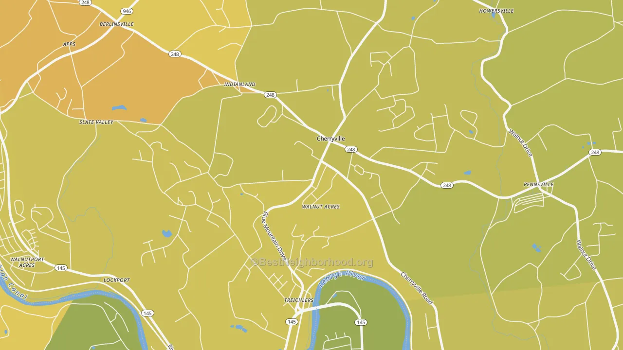 Map of the best neighborhoods in the Cherryville area, with better matches in green and worse matches in red