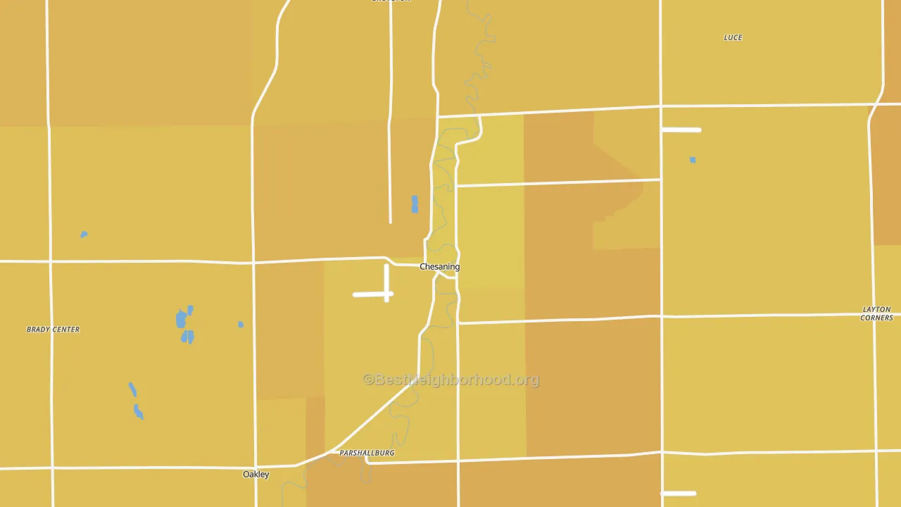 Map of the best neighborhoods in the Chesaning area, with better matches in green and worse matches in red
