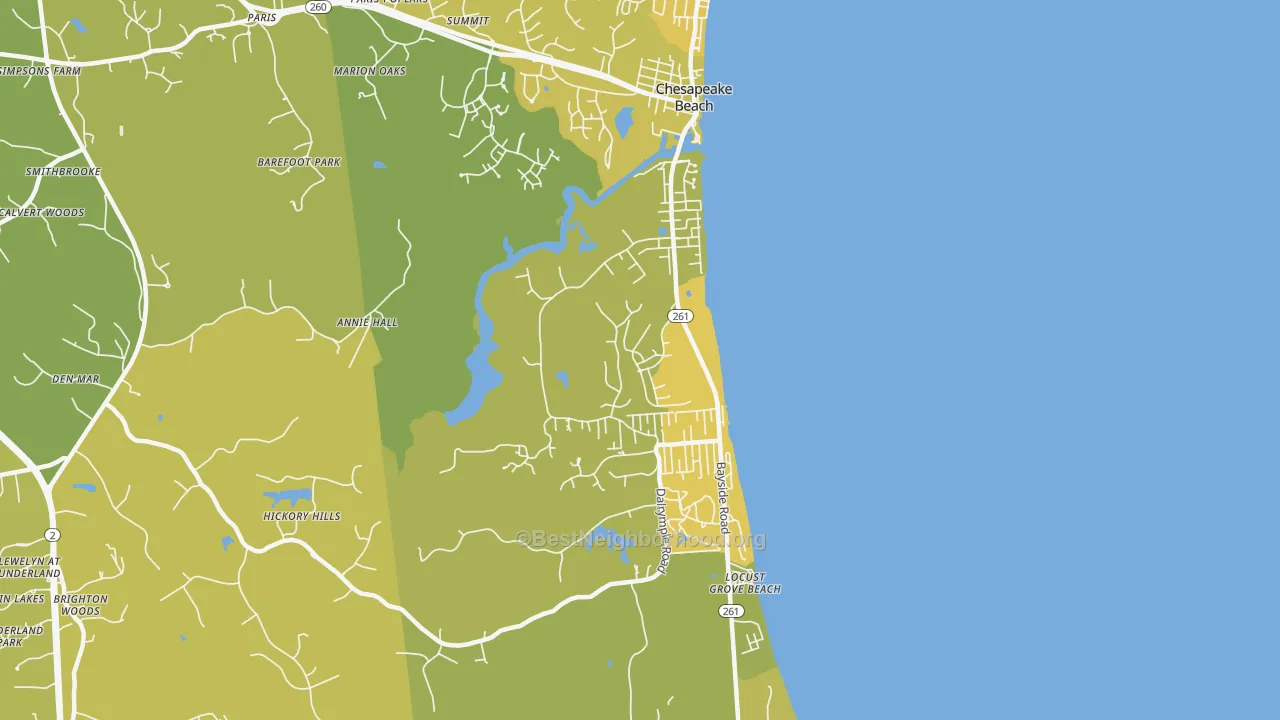Map of the best neighborhoods in the Chesapeake Beach area, with better matches in green and worse matches in red