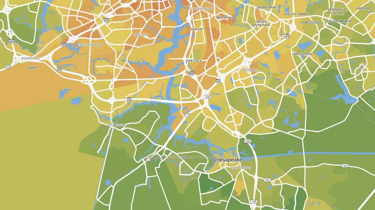 Map of the best neighborhoods in the Chesapeake City area, with better matches in green and worse matches in red