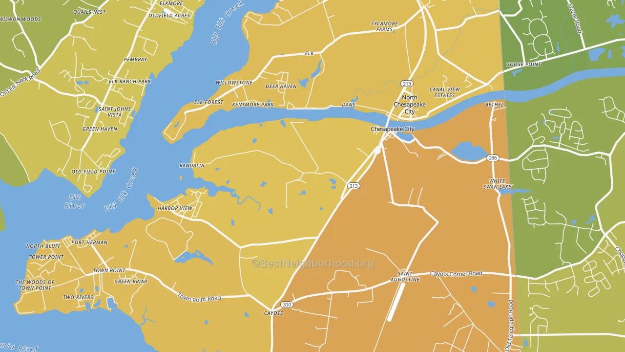 Map of the best neighborhoods in the Chesapeake City area, with better matches in green and worse matches in red