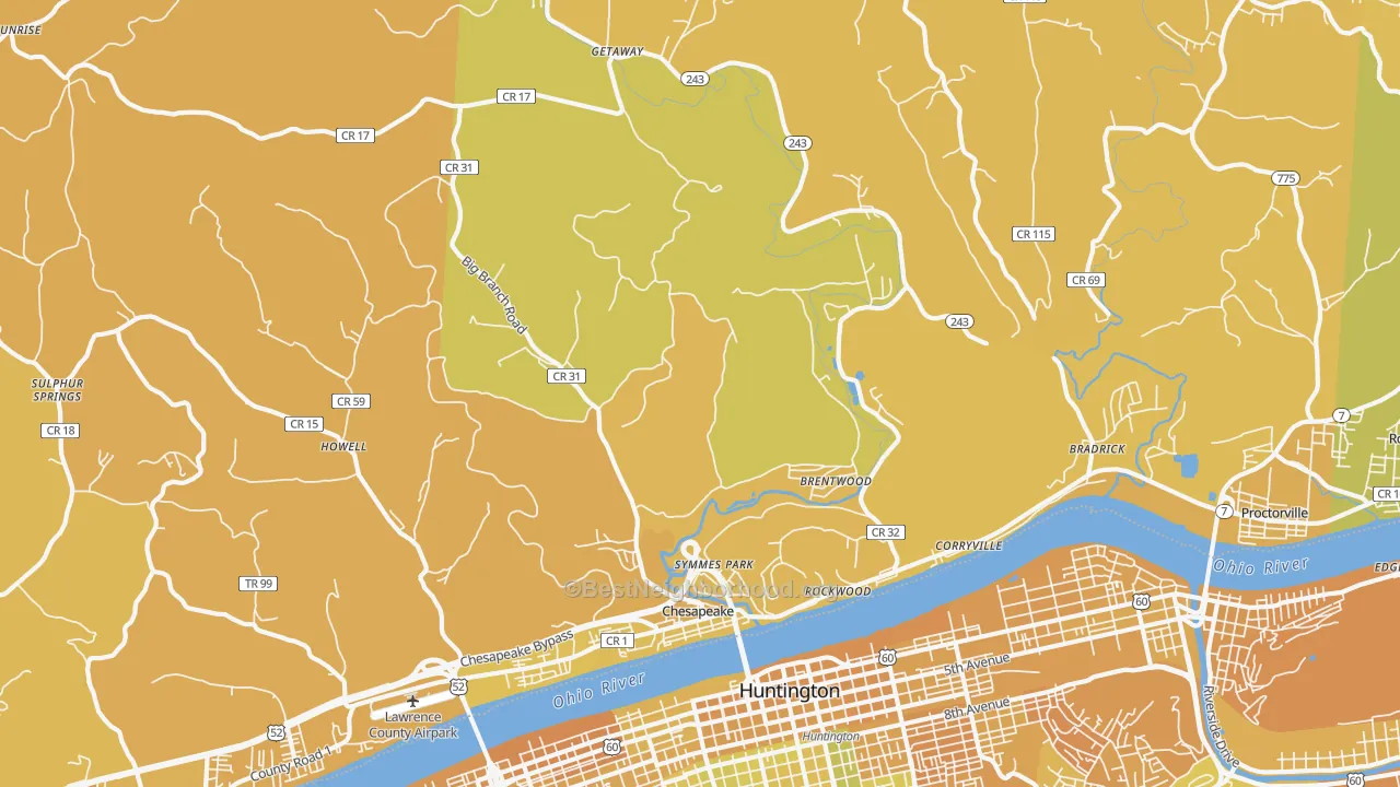 Map of the best neighborhoods in the Chesapeake area, with better matches in green and worse matches in red