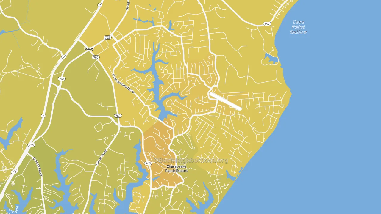 Map of the best neighborhoods in the Chesapeake Ranch Estates area, with better matches in green and worse matches in red
