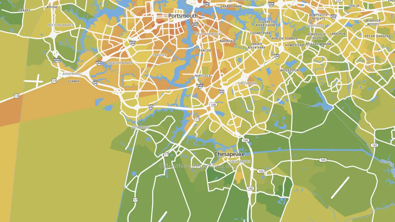 Map of the best neighborhoods in the Chesapeake area, with better matches in green and worse matches in red