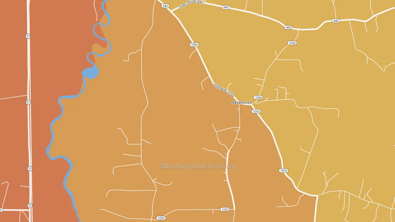 Map of the best neighborhoods in the Chesbrough area, with better matches in green and worse matches in red