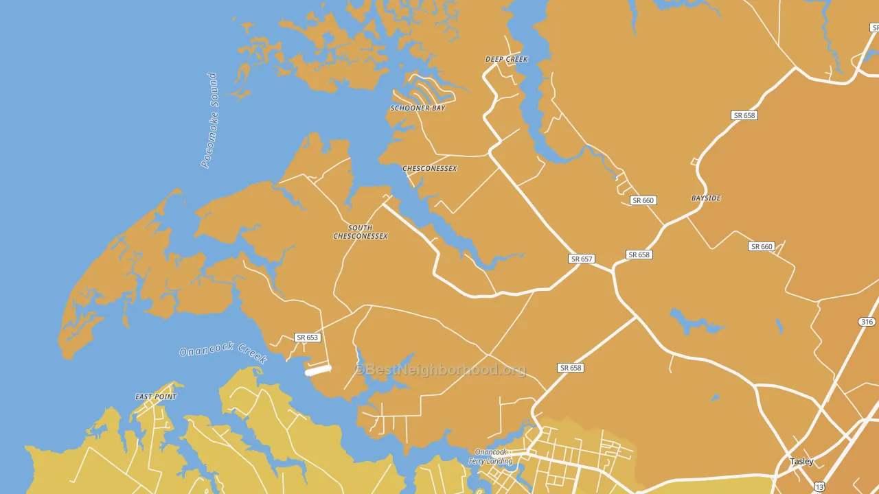 Map of the best neighborhoods in the Chesconessex area, with better matches in green and worse matches in red