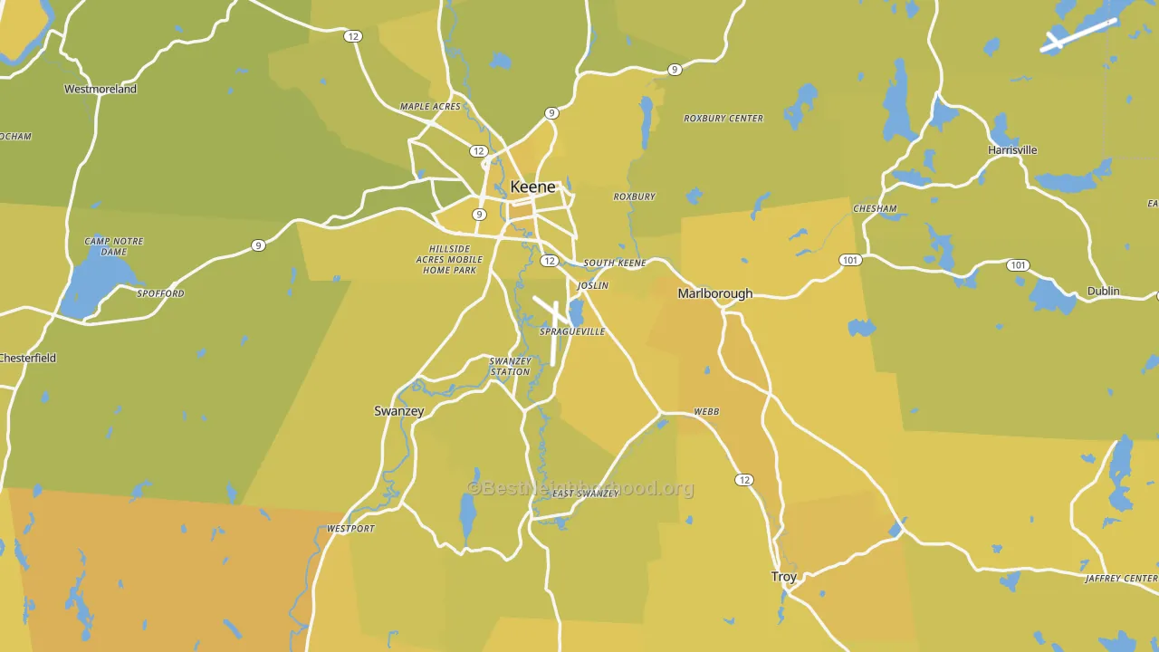 Map of the best neighborhoods in the Cheshire County area, with better matches in green and worse matches in red