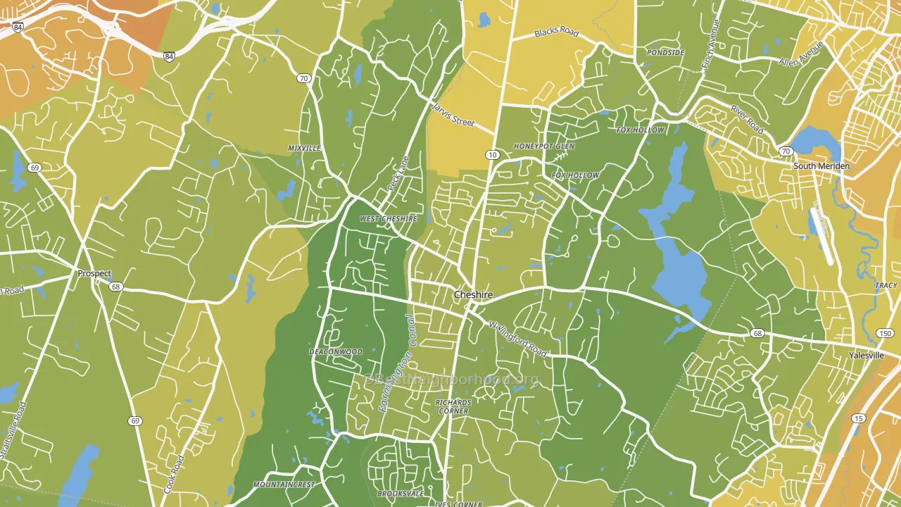 Map of the best neighborhoods in the Cheshire area, with better matches in green and worse matches in red