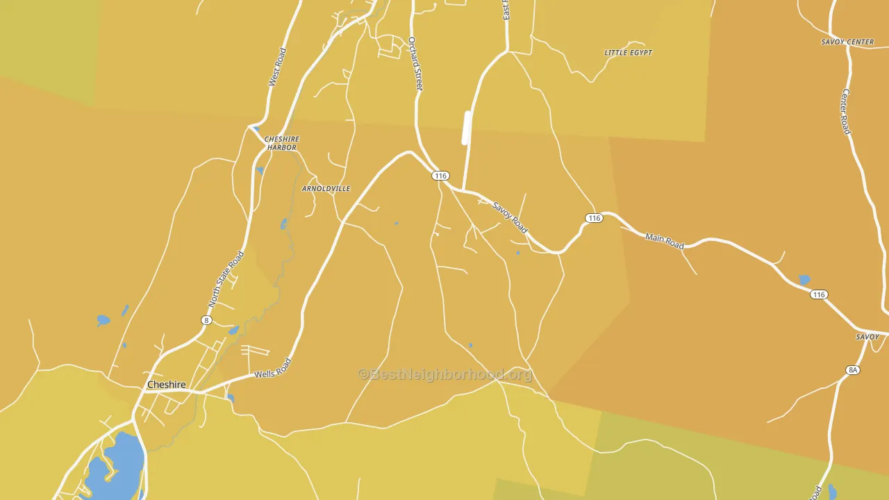 Map of the best neighborhoods in the Cheshire Harbor area, with better matches in green and worse matches in red
