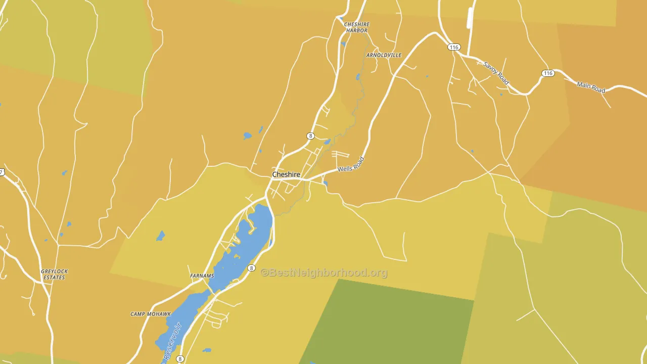 Map of the best neighborhoods in the Cheshire area, with better matches in green and worse matches in red