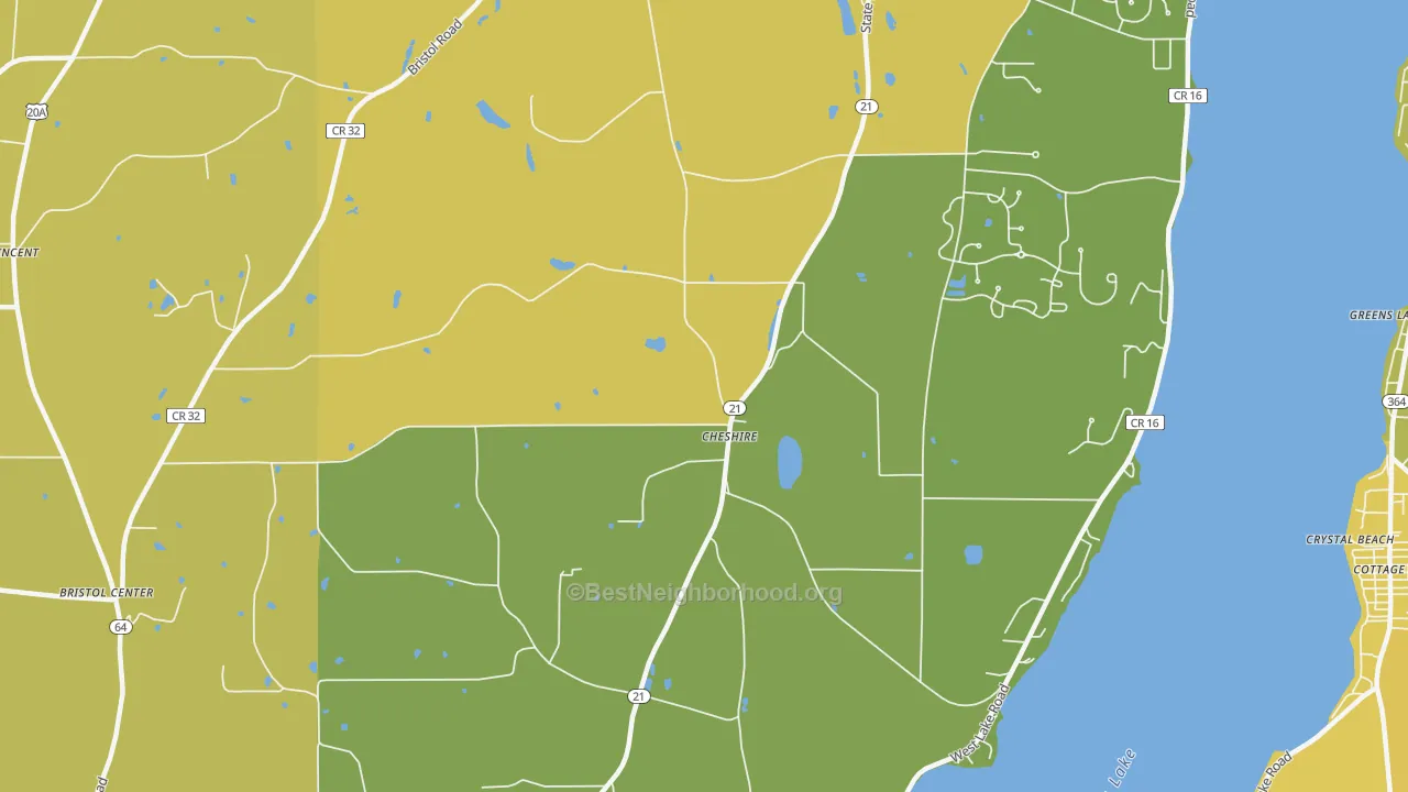 Map of the best neighborhoods in the Cheshire area, with better matches in green and worse matches in red