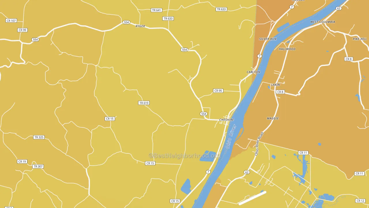 Map of the best neighborhoods in the Cheshire area, with better matches in green and worse matches in red