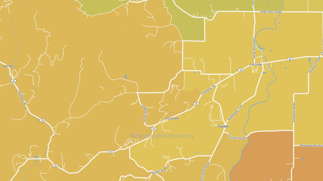 Map of the best neighborhoods in the Cheshire area, with better matches in green and worse matches in red