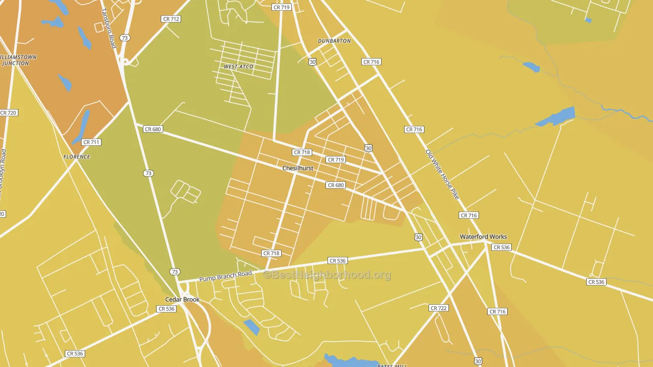 Map of the best neighborhoods in the Chesilhurst area, with better matches in green and worse matches in red