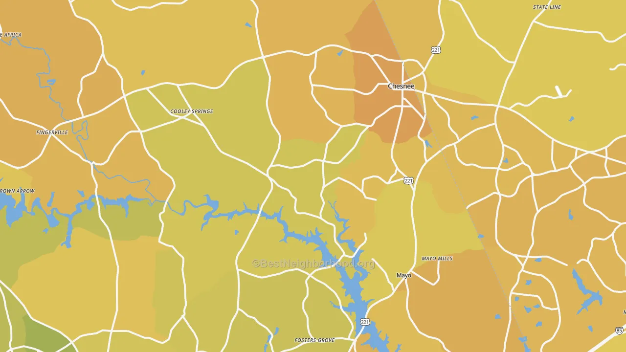 Map of the best neighborhoods in the Chesnee area, with better matches in green and worse matches in red