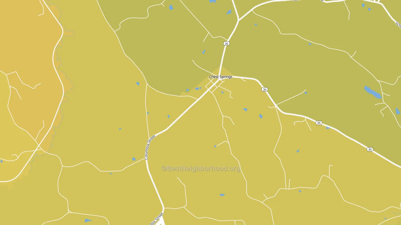 Map of the best neighborhoods in the Chest Springs area, with better matches in green and worse matches in red