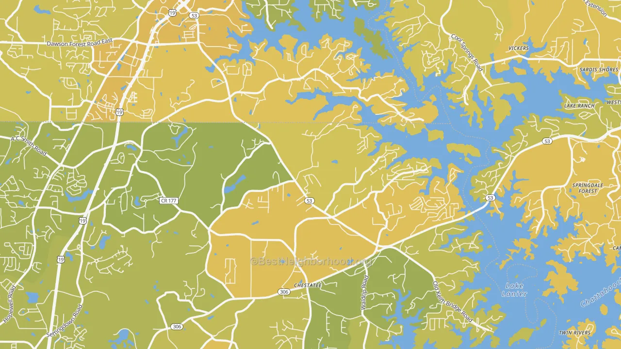 Map of the best neighborhoods in the Chestatee area, with better matches in green and worse matches in red