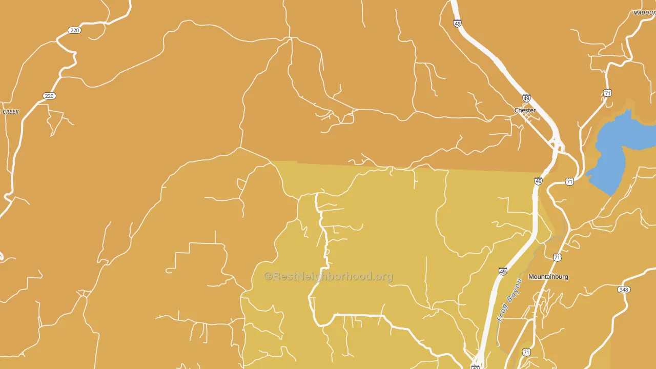Map of the best neighborhoods in the Chester area, with better matches in green and worse matches in red