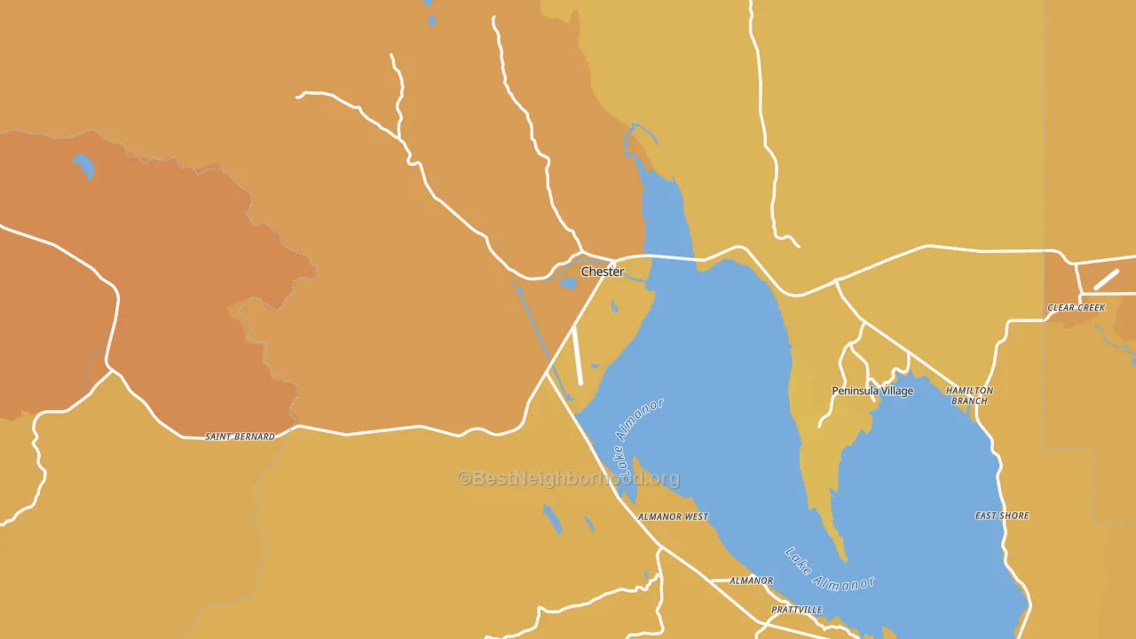 Map of the best neighborhoods in the Chester area, with better matches in green and worse matches in red