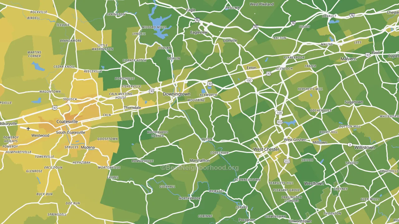 Map of the best neighborhoods in the Chester County area, with better matches in green and worse matches in red