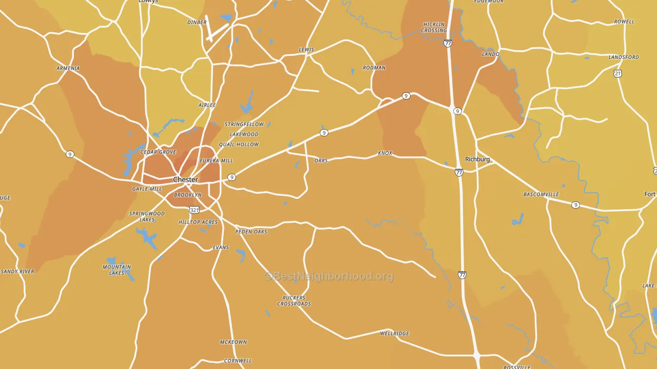 Map of the best neighborhoods in the Chester County area, with better matches in green and worse matches in red
