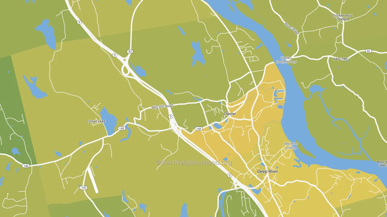 Map of the best neighborhoods in the Chester area, with better matches in green and worse matches in red