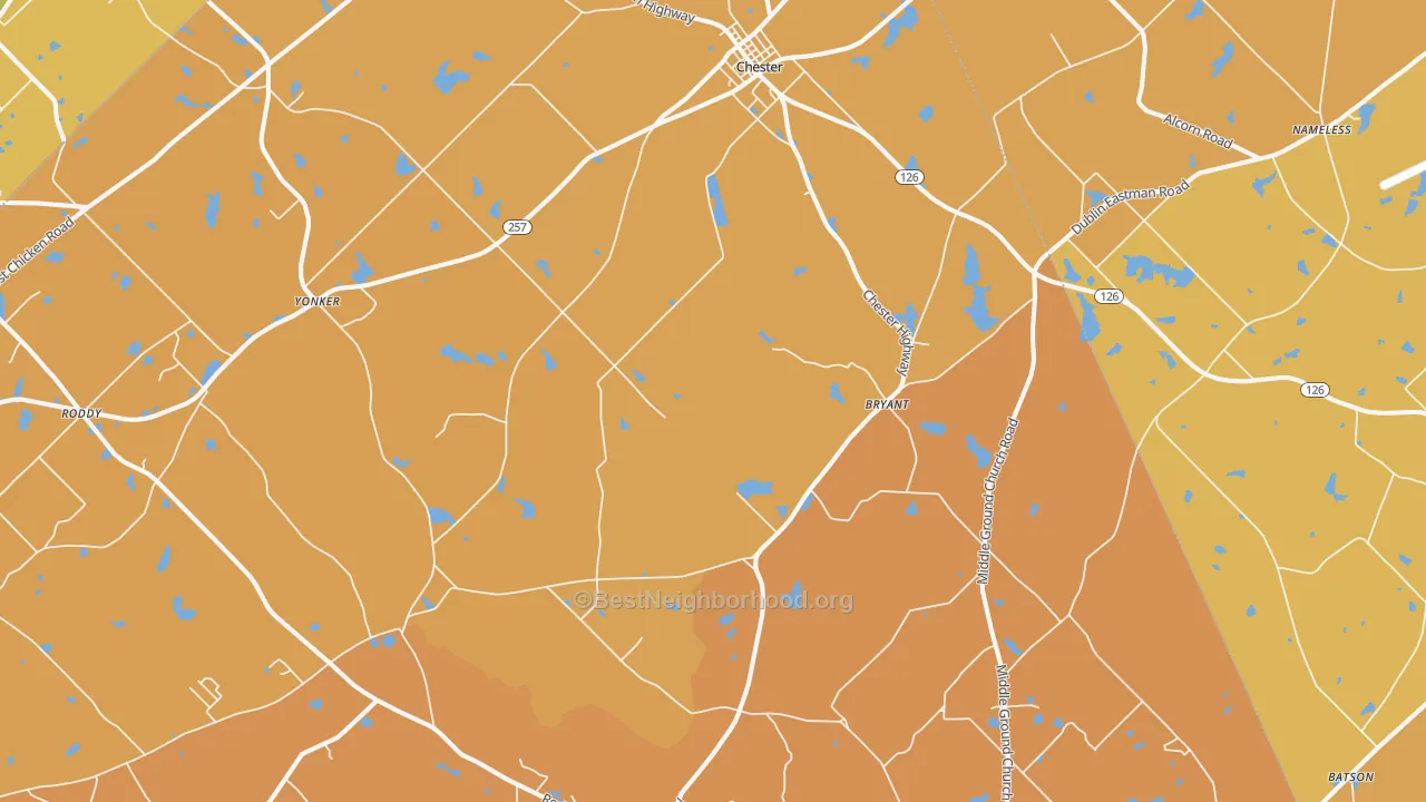 Map of the best neighborhoods in the Chester area, with better matches in green and worse matches in red