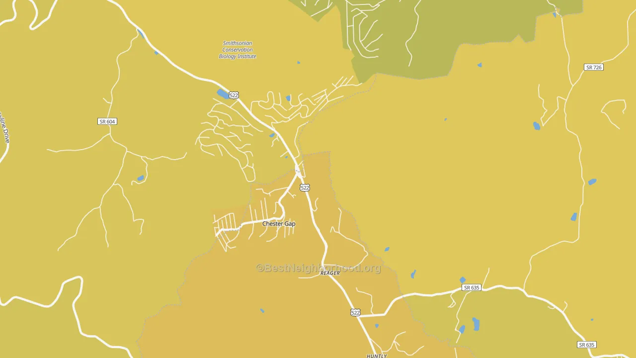 Map of the best neighborhoods in the Chester Gap area, with better matches in green and worse matches in red